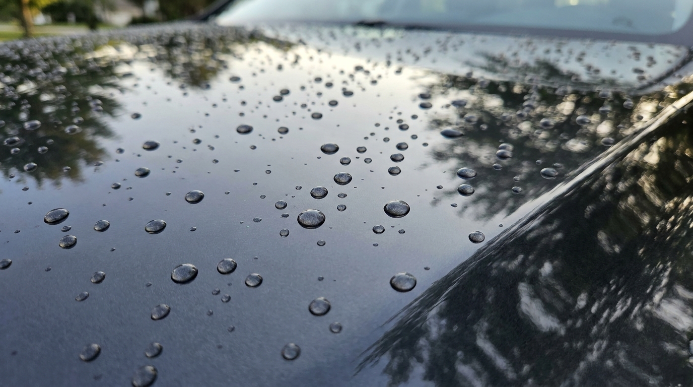 Waterparels op een goed onderhouden, glanzende autolak