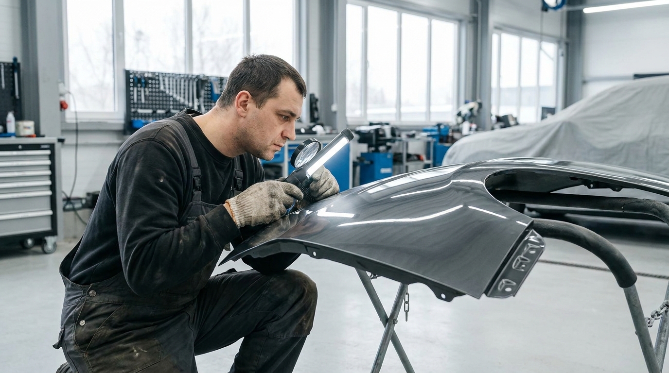 Autoschadehersteller controleert een perfect hersteld paneel